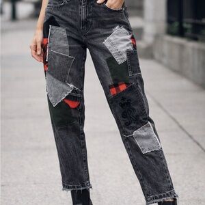 Polo Ralph Lauren Avery Boyfriend Patchwork Distressed Black Plaid Jeans Size 27